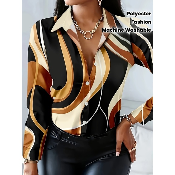 [Geometric Print Shirt] Stylish Geometric Print Women's Long Sleeve Button-Up Sh - Picture 1 of 4